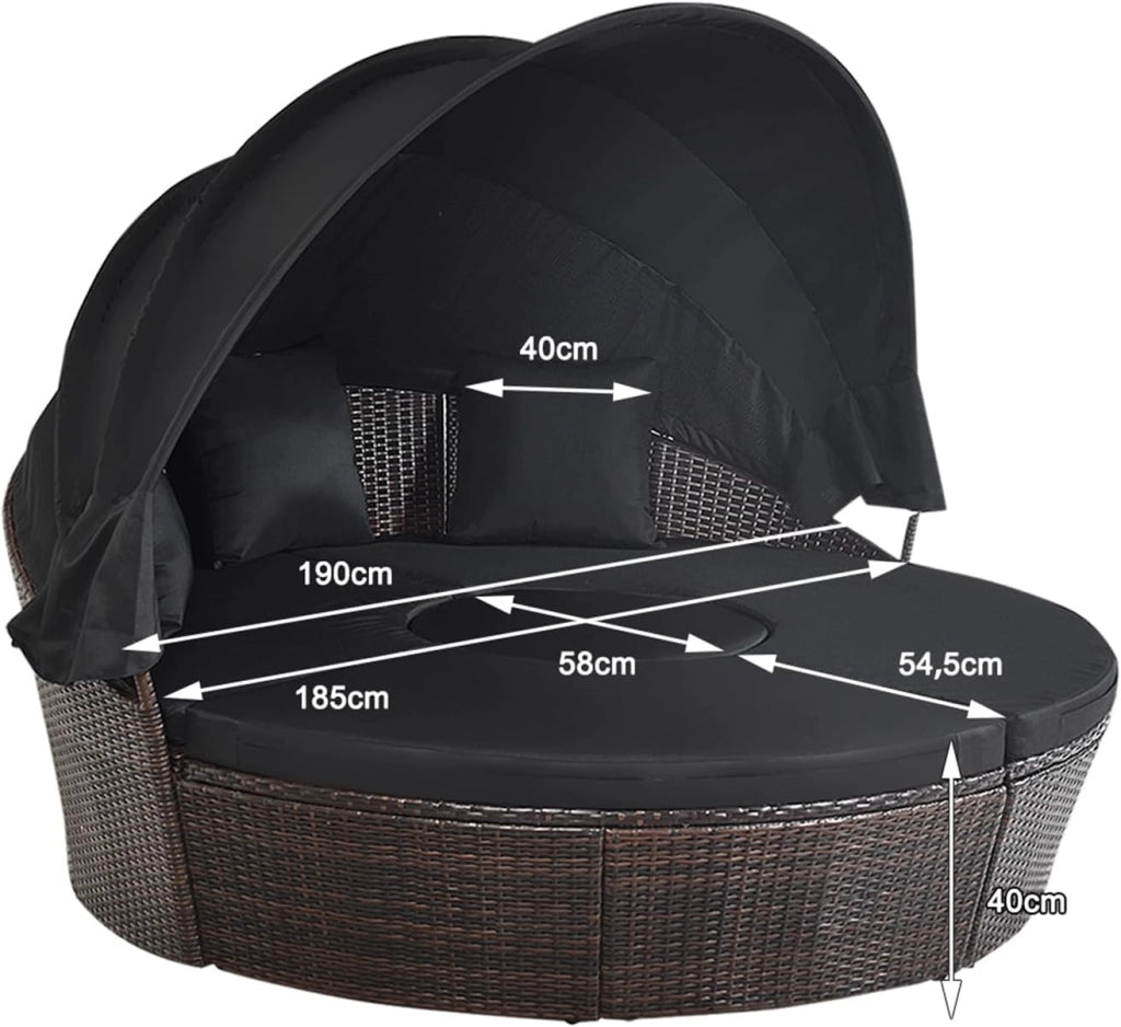 Letto Isola da Giardino, Divano Prendisole con Tettuccio Retrattile, con Sedili Cuscini Impermeabili Sfoderabili, Tavolino Regolabile in Altezza (Nero)