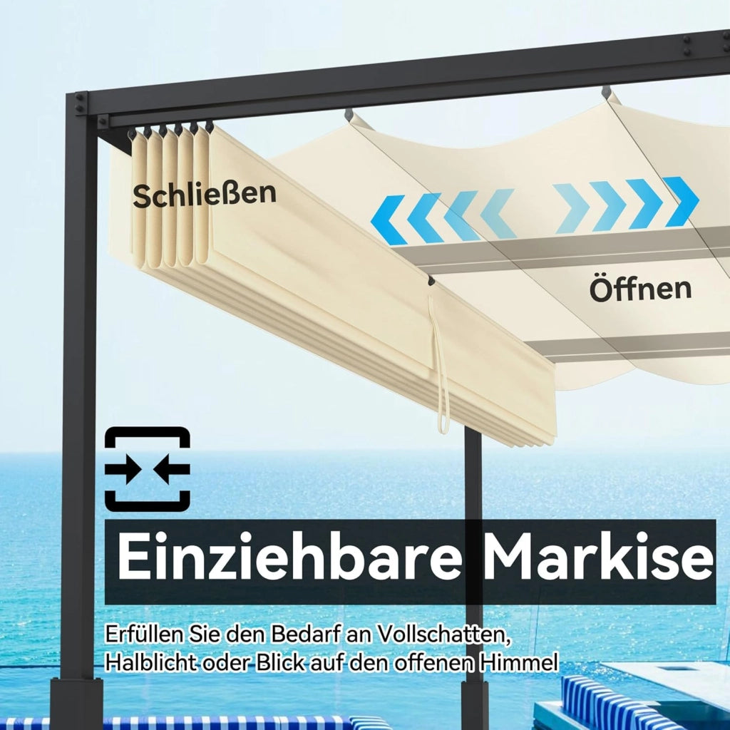 Pergola 3x3m, baldacchino impermeabile, stabile invernale, gazebo con ombreggiatura regolabile, protezione solare per giardino, terrazza e balcone, beige