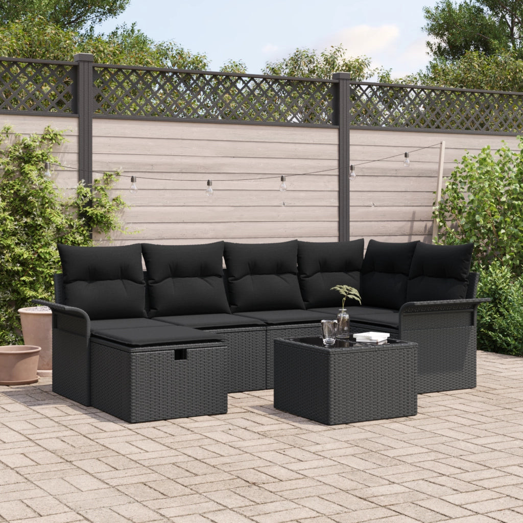 Set divano da giardino 7 pezzi con cuscini in polyrattan nero