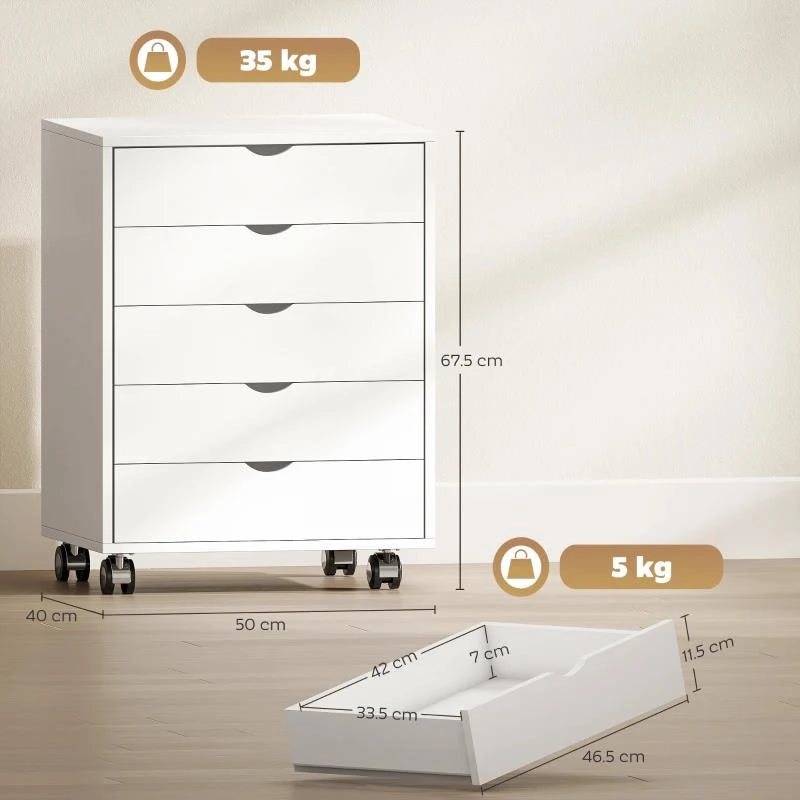 CASSETTIERA DA UFFICIO CON 5 CASSETTI PER DOCUMENTI A3, RUOTE E BLOCCO, 50X40X67.5 CM, BIANCO
