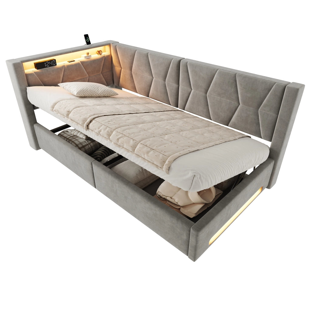 Letto Contenitore Letto Singolo 90x200 cm; USB; Type-C; LED; in Velluto; Grigio Scuro