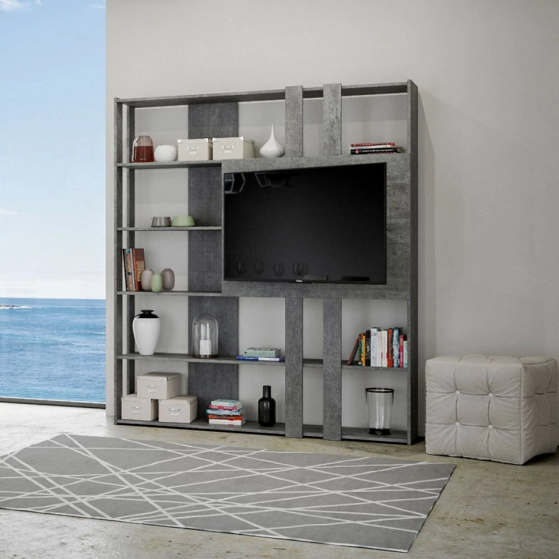 Composizione Libreria Kato 6R 2 fianchi 2 fasce lunghe 2 fasce corte 2 fasce medie pannello TV - Cemento,L