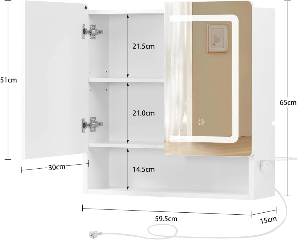 Specchio Bagno Contenitore con Luce LED e Presa Elettrica, Mobile Bagno a Specchio con 2 Ante e Gancio Asciugacapelli, 3 Temperature di Luce Dimmerabili a Touch, Ripiani Regolabili, Bianco