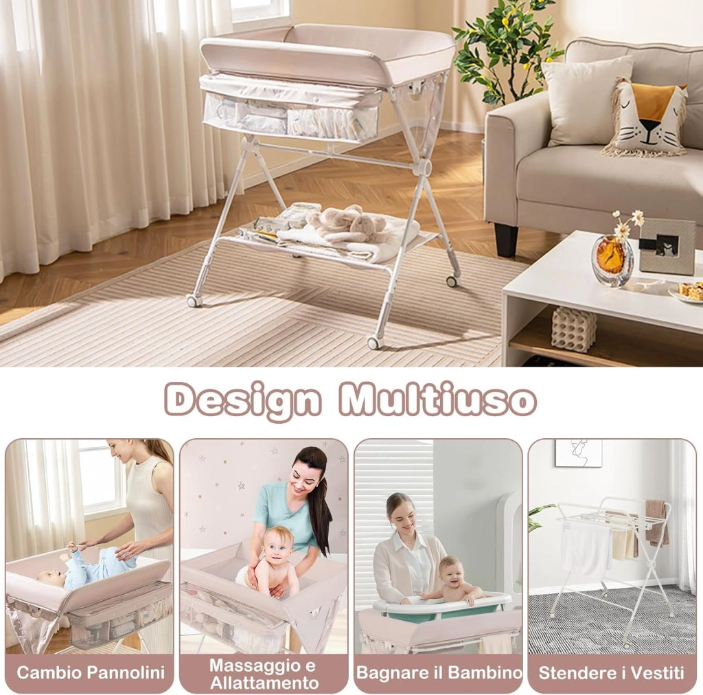 Fasciatoio Pieghevole per Bambini, Fasciatoio Portatile con Altezza Regolabile a 3 Livelli, Fasciatoio Neonato con Ruote di Bloccabili, Ripiano, Porta Asciugamani, per 0-12 Mesi (Beige)