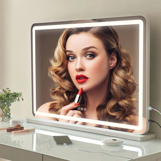 Specchio di trucco illuminato con 3 colori di luce e USB, Grande specchio per soggiorno o camera da letto