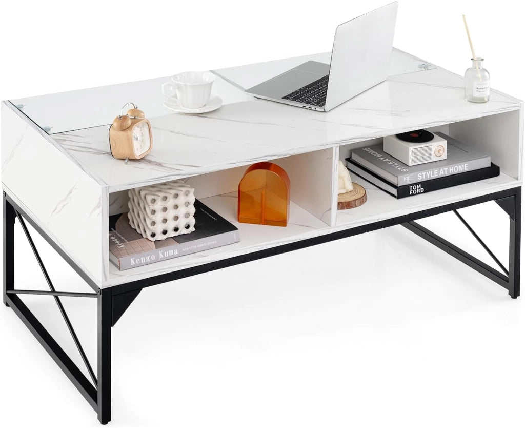 Tavolino da Salotto, Tavolino da Caffè da in Vetro e Legno con Luce LED Multicolore Regolabile a Telecomando e Ripiani, Tavolino per Soggiorno e Ufficio, 105 x 55 x 50 cm (Nero)