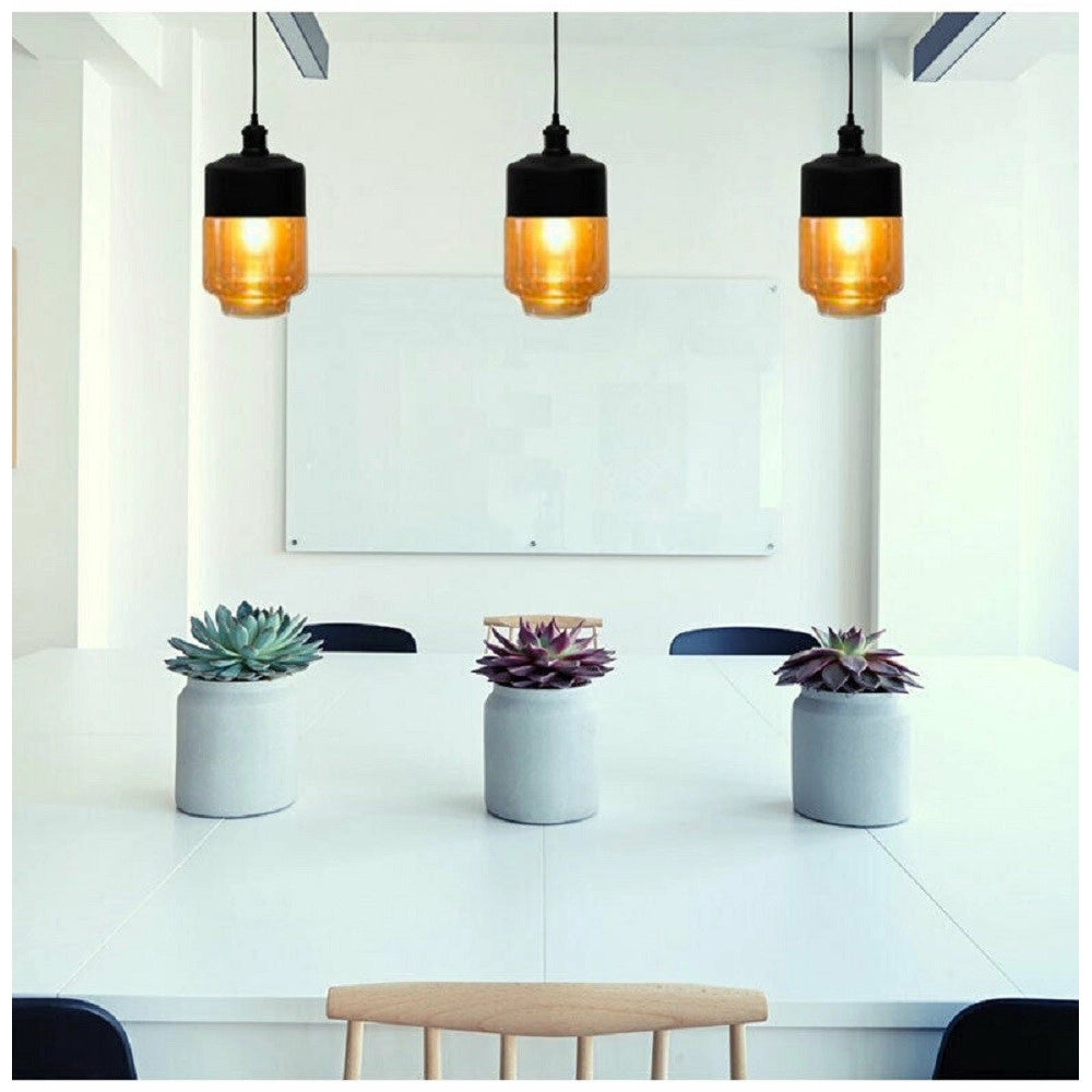 Trade Shop - Lampadario A Sospensione Vintage Soffitto Attacco E27 Effetto Ambrato Nero Lp-14 -