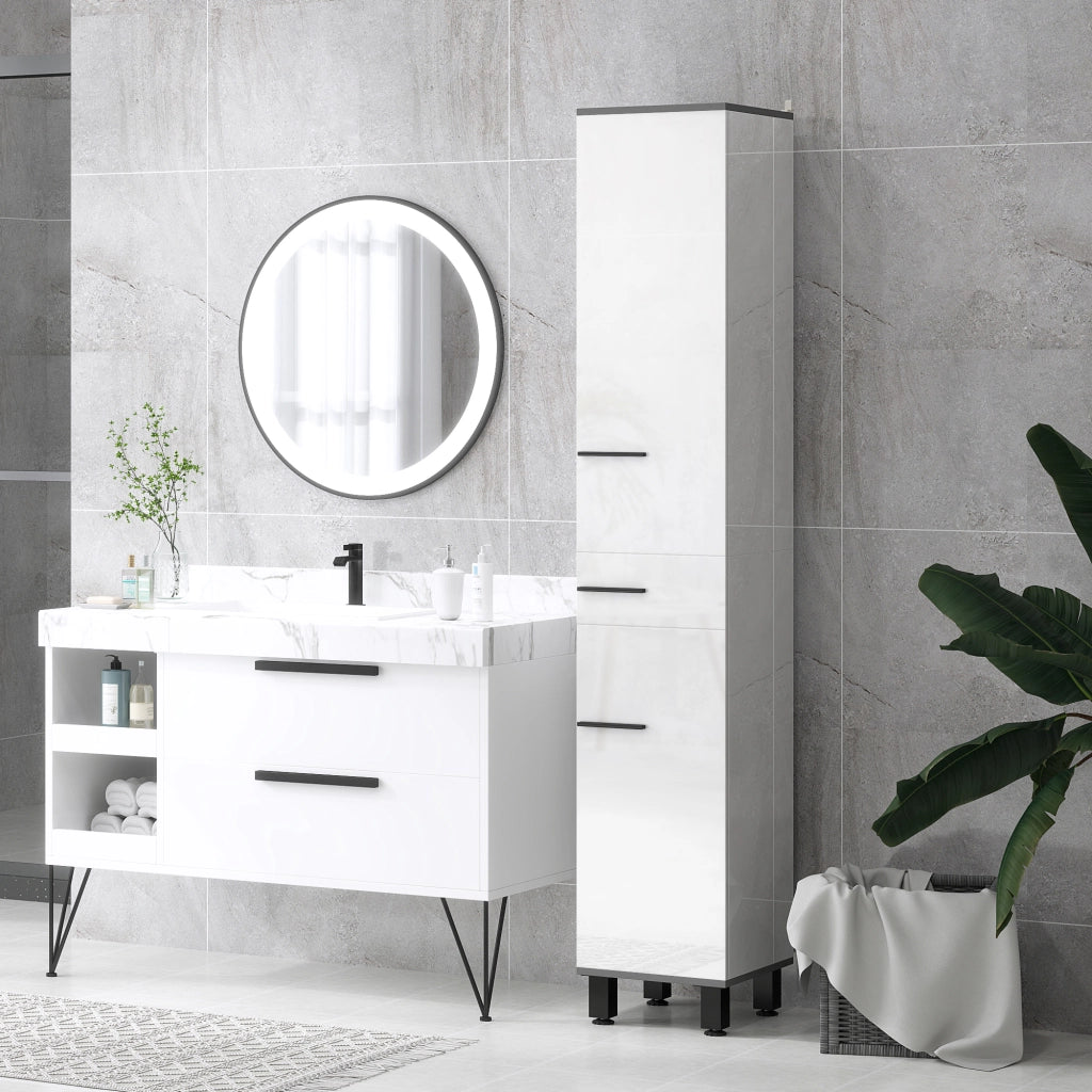 Mobile Colonna Bagno con 2 Armadietti con Ripiani Regolabili e Cassetto, 34x32x190 cm, Bianco