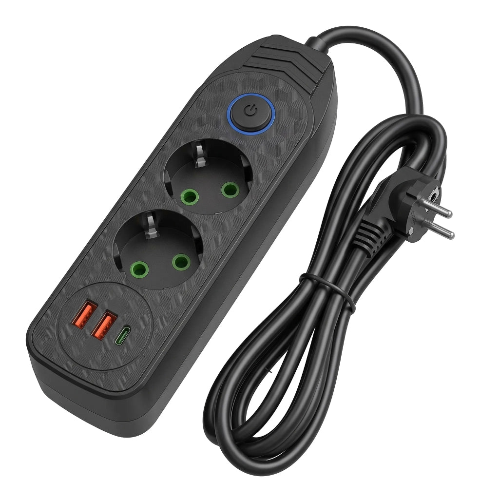 Multipresa Con Prolunga, 2 Prese + 2 Porte Usb-a + Usb-c Jnh023-2b Black