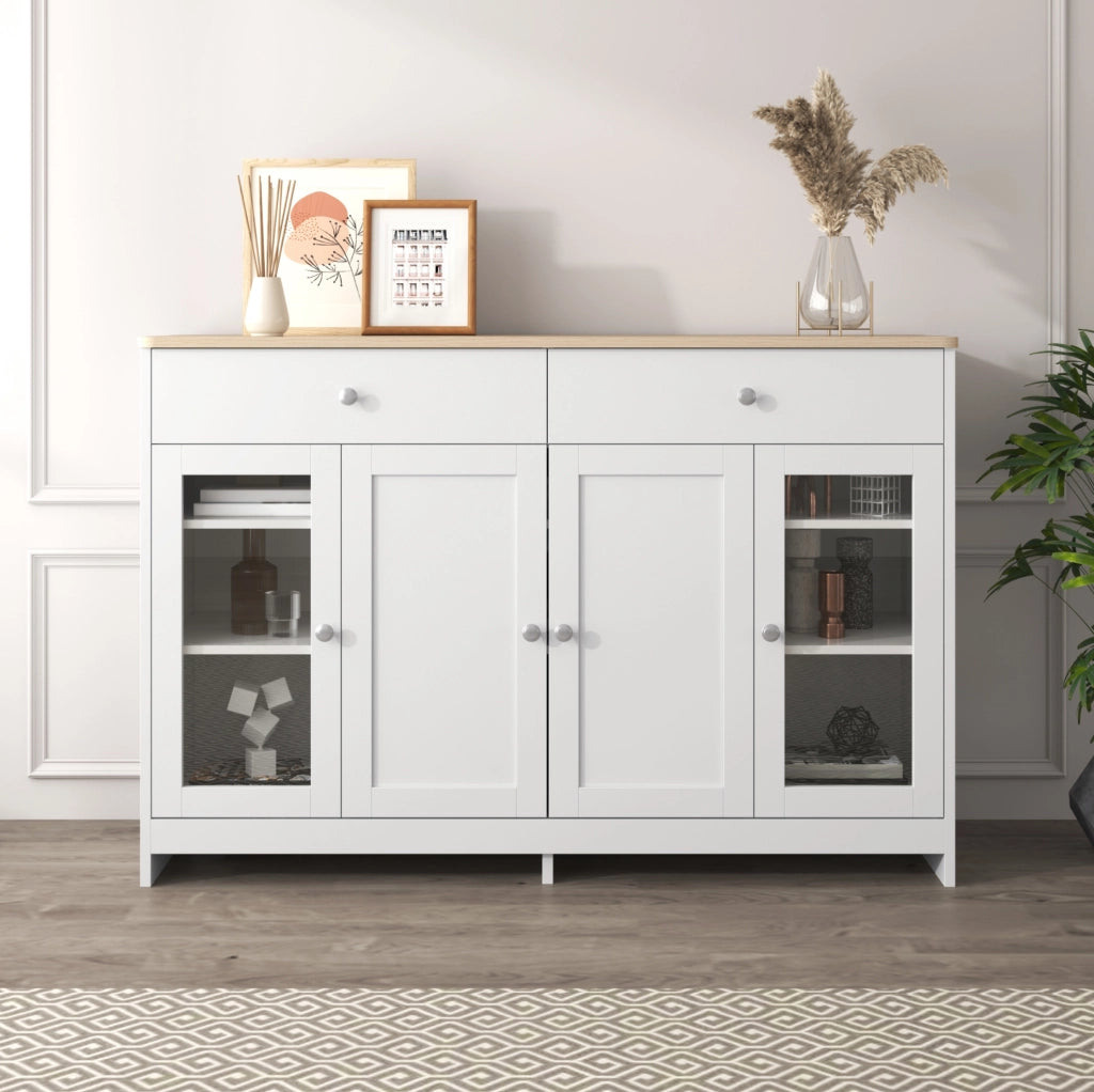 Credenza 120x37x80 cm con 4 ante; 2 cassetti e ripiani regolabili; MDF bianco