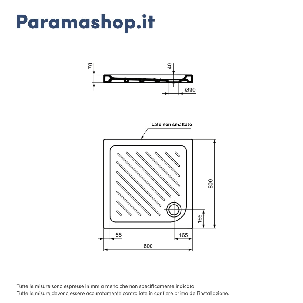 Ideal Standard piatto doccia 80x80x7h cm in ceramica bianco lucido design anti-scivolo mod. Eurovit