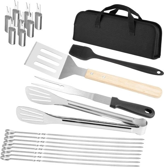 Set di accessori BBQ - Attrezzi in acciaio inossidabile - Tasca di stoccaggio - Uomo Donna - Camping Picknick