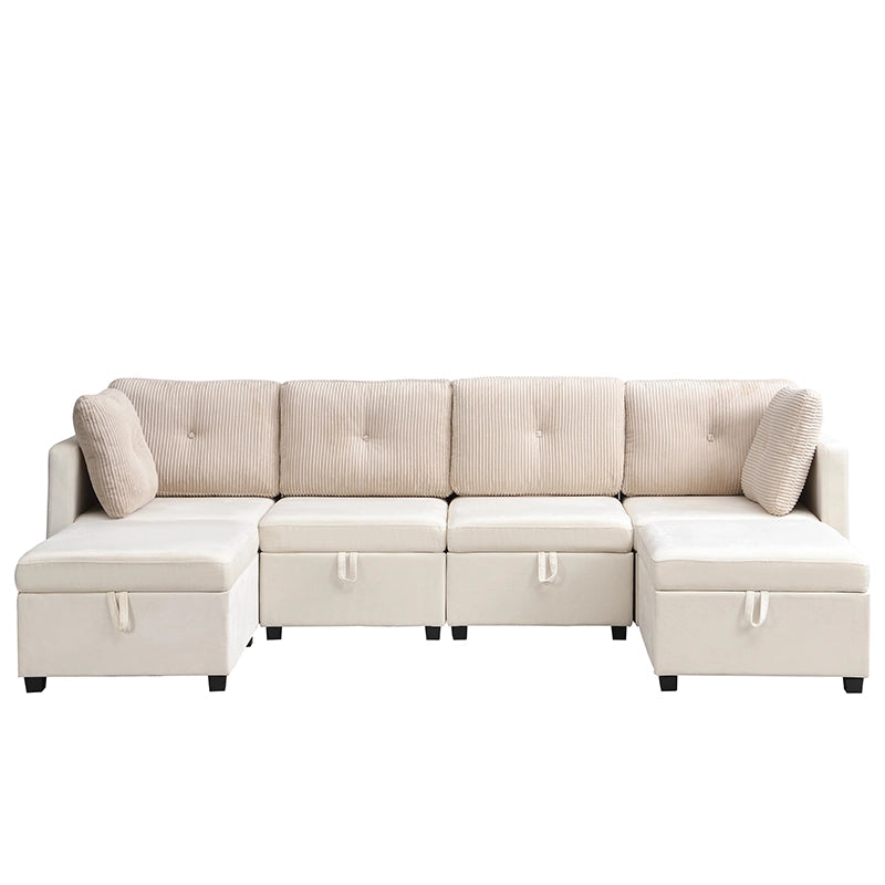 Divano modulare a U 6 posti con contenitore trasformabile in chaise longue o poltrona in velluto beige 261 × 132,5 × 85 cm
