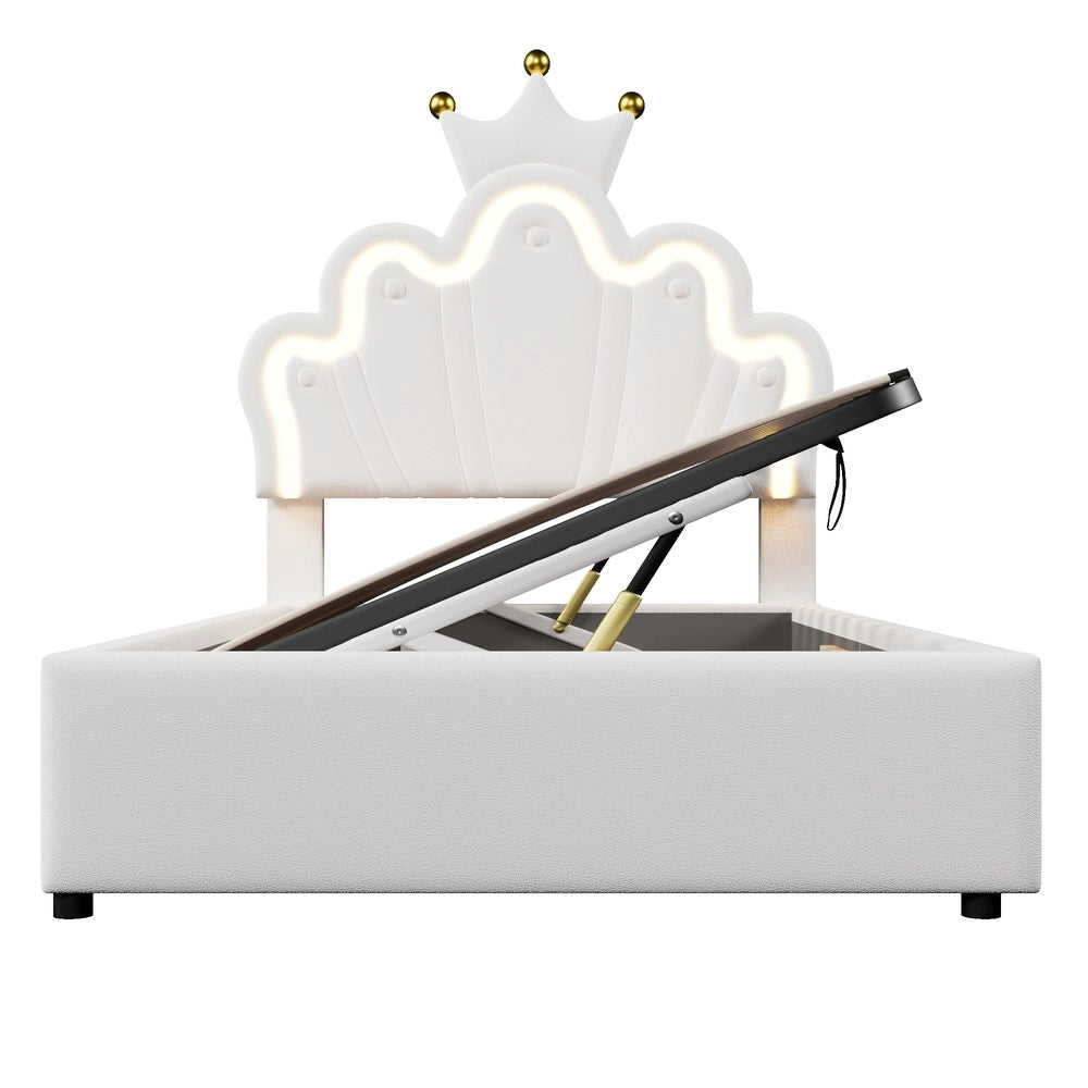 Letto Imbottito a Baldacchino con LED e Meccanismo Idraulico ¨C MINIMAL ¨C PU Bianco 90x200