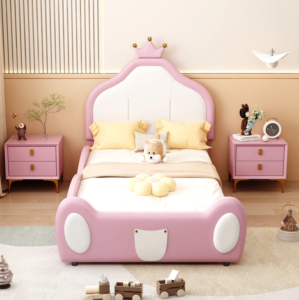 Letto imbottito per bambini 90x200 cm con testiera a corona; bianco e rosa