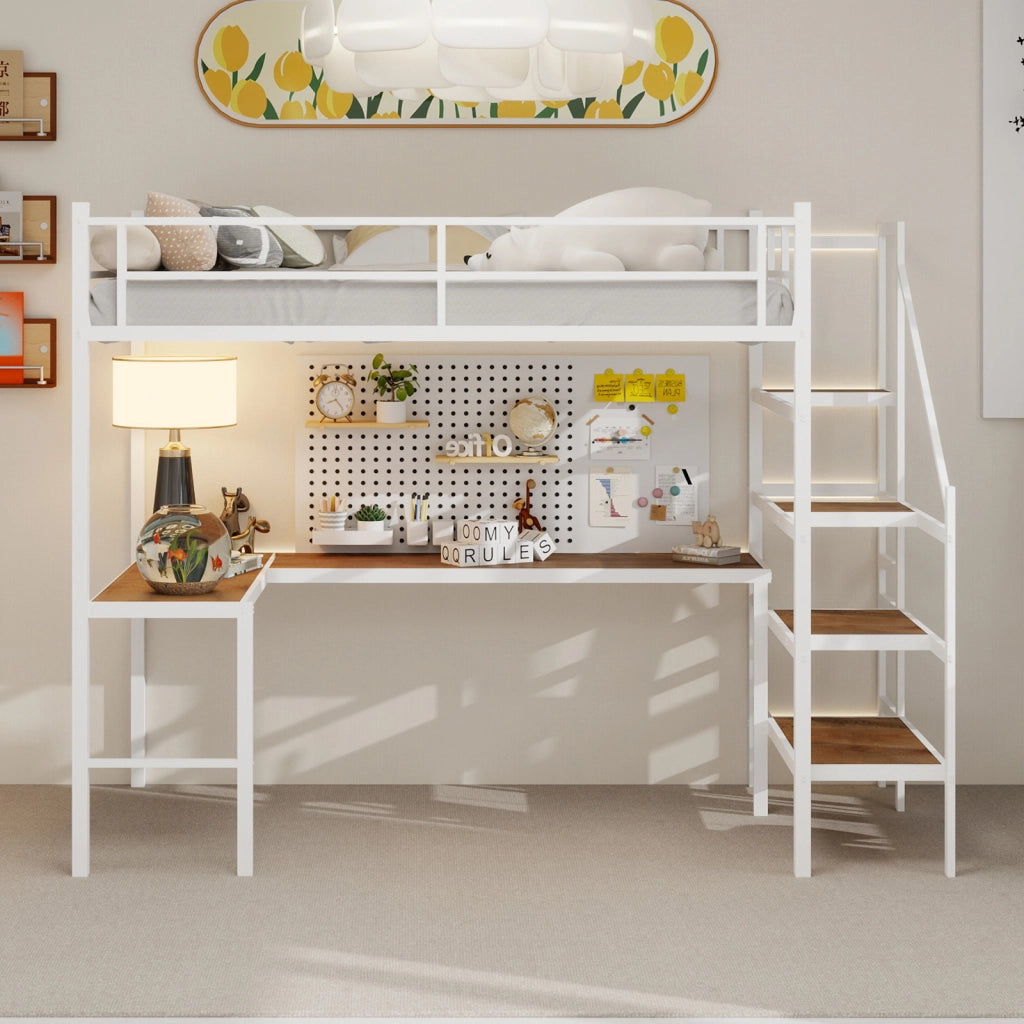 Letto a castello bianco con scrivania ad L funzione contenitore in ferro 90x190 cm