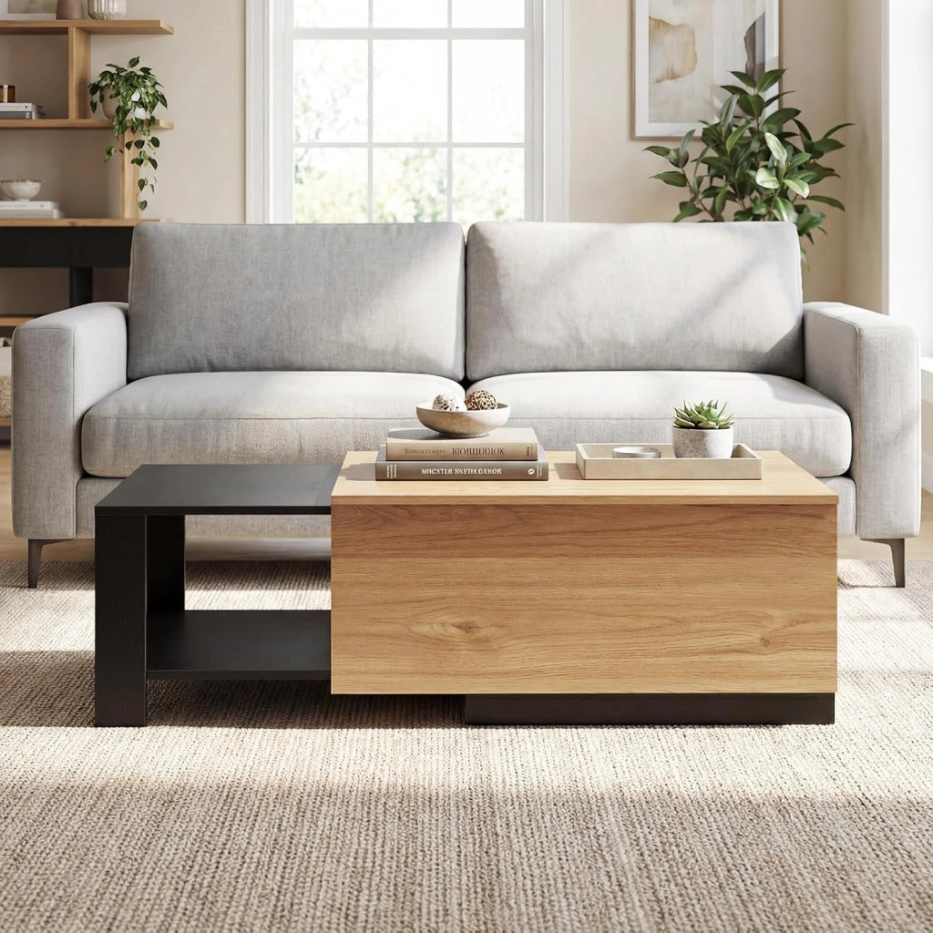Tavolino da Caffè Allungabile, Tavolino da Soggiorno Salvaspazio con 2 Vani Portaoggetti e Piano Scorrevole, Tavolo Basso Rettangolare in Legno per Salotto e Ingresso, 118 x 60 x 37 cm
