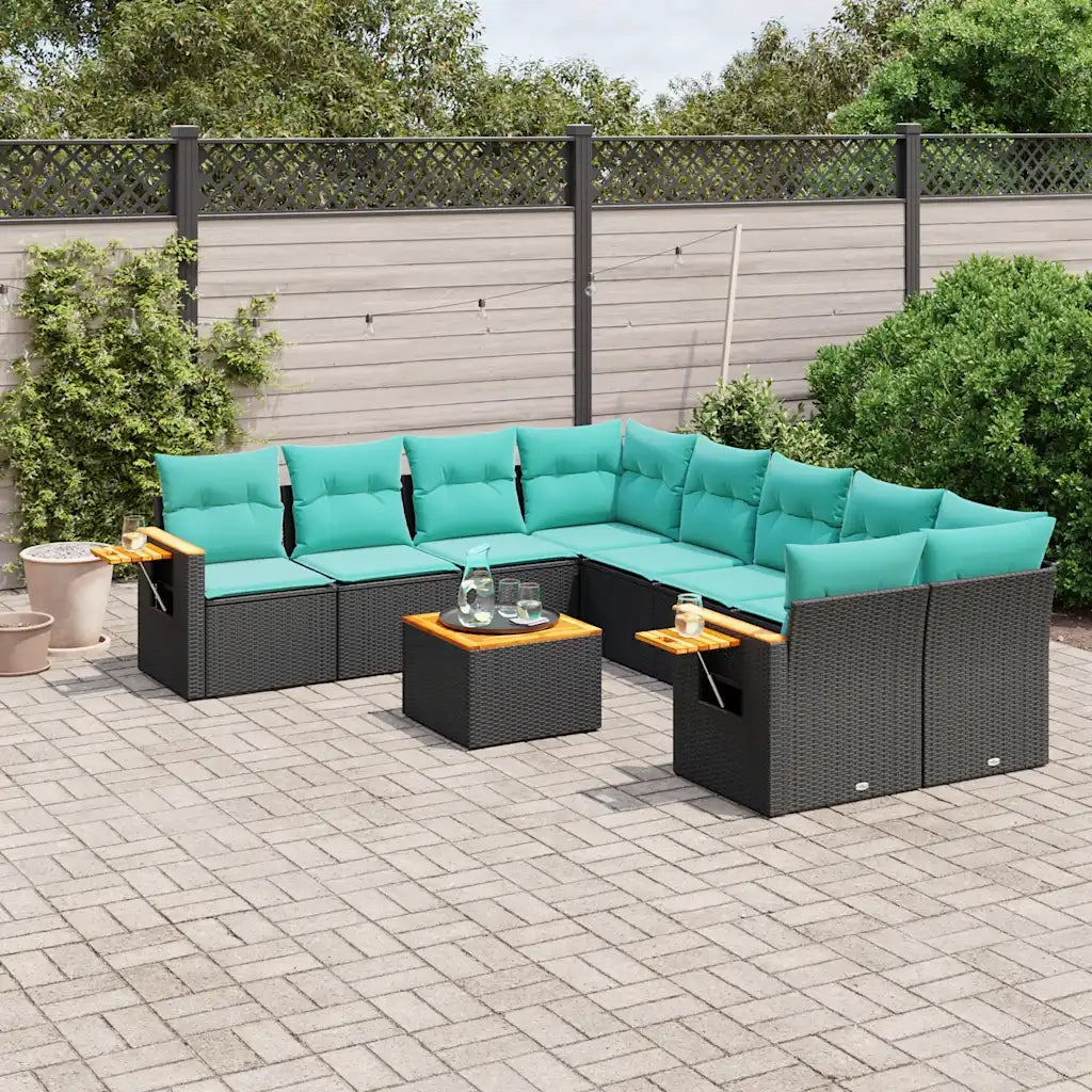 Set Divani da Giardino 9 pz con Cuscini Nero in Polyrattan