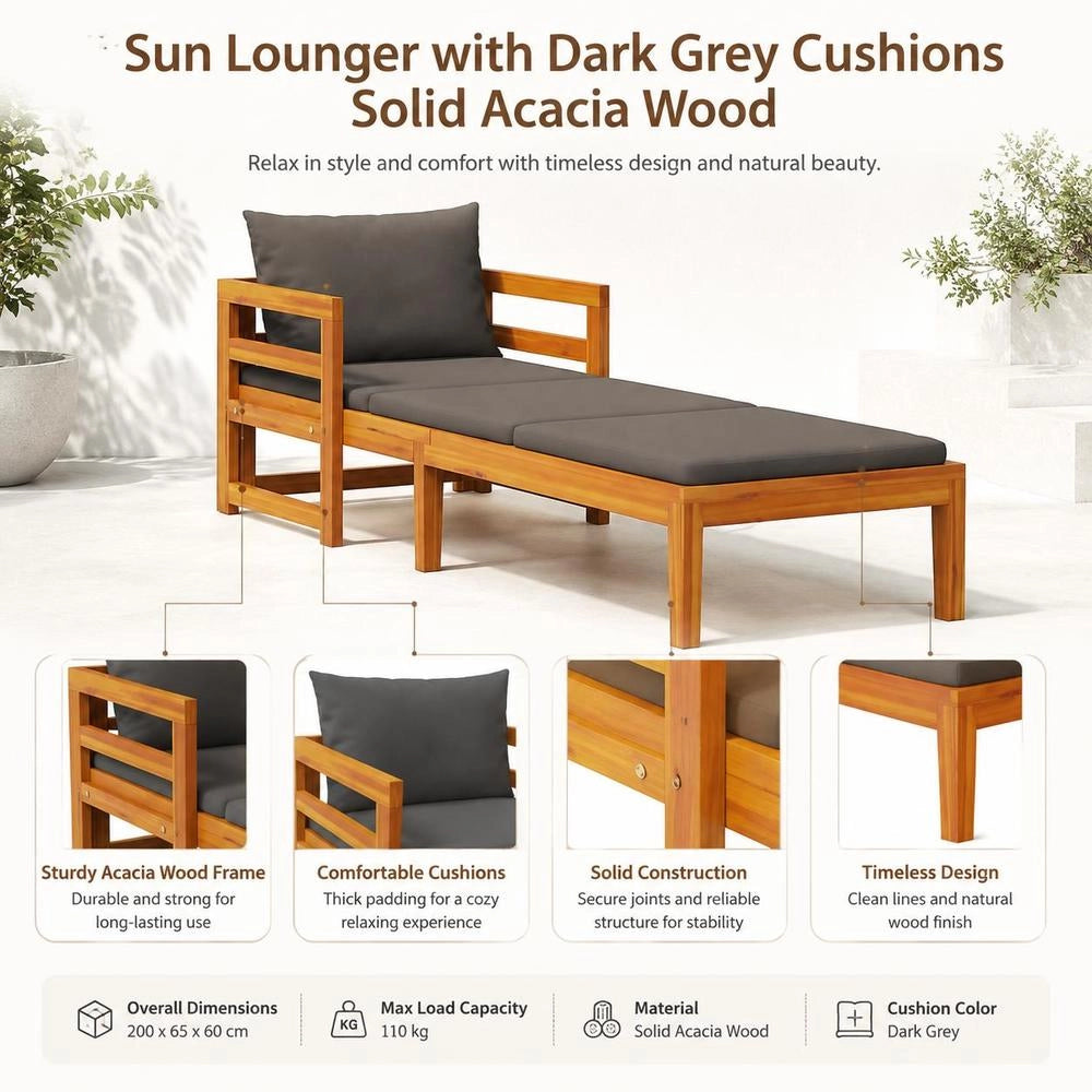 Sun Lounger With Dark Grey Cushions, Solid Acacia Wood
