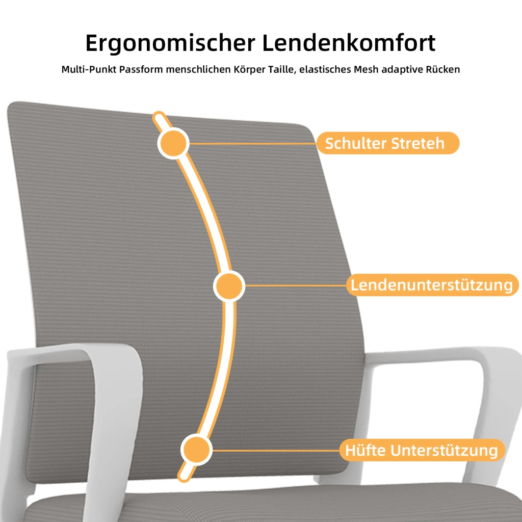 Sedia da ufficio ergonomica con schienale in rete traspirante e braccioli integrati in metallo e tessuto grigio bianco