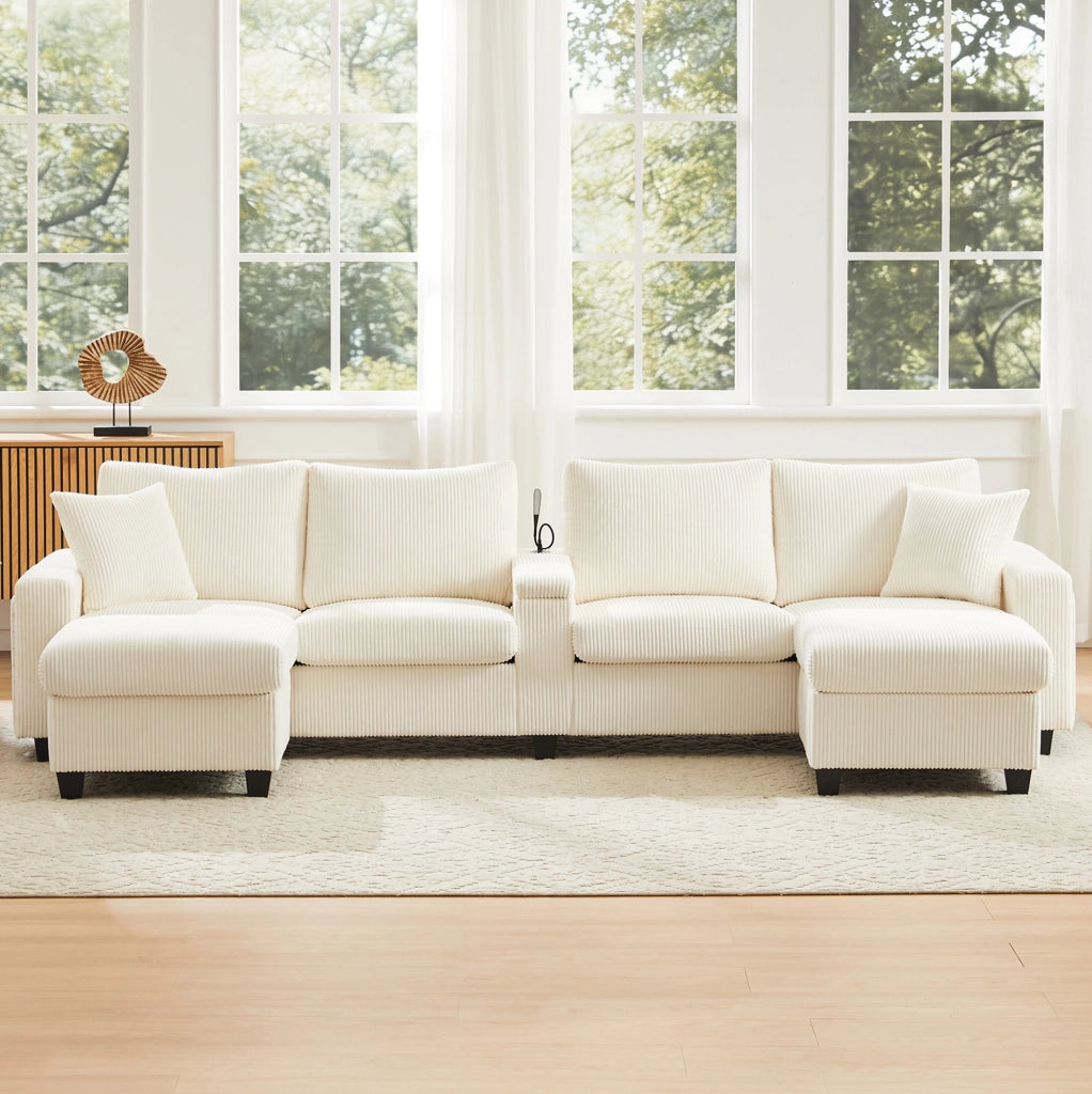 Divano a U 334x128,5 cm in velluto a coste beige con LED, USB/Type-C e 2 pouf