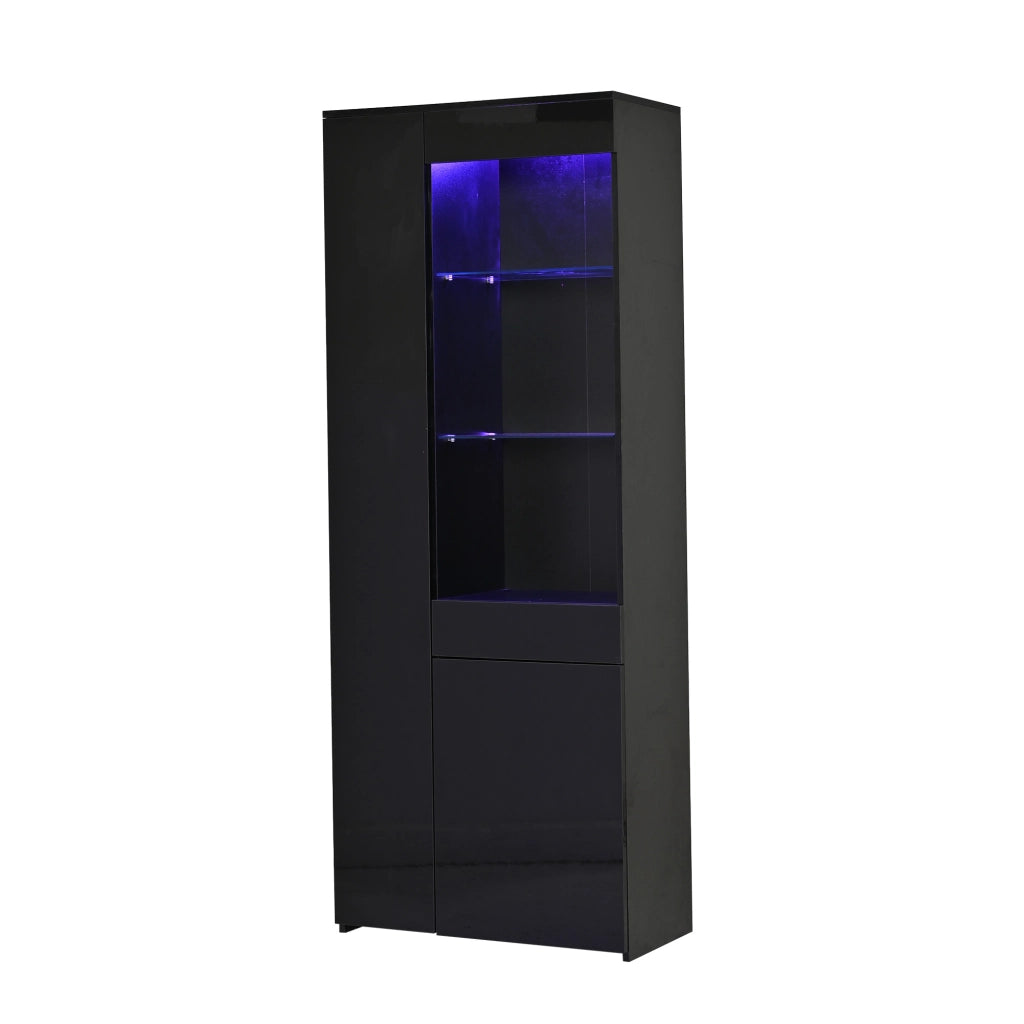 Vetrina alta 70 x 35 x 180 cm con 2 ante, cassetto, LED e finitura nero lucido
