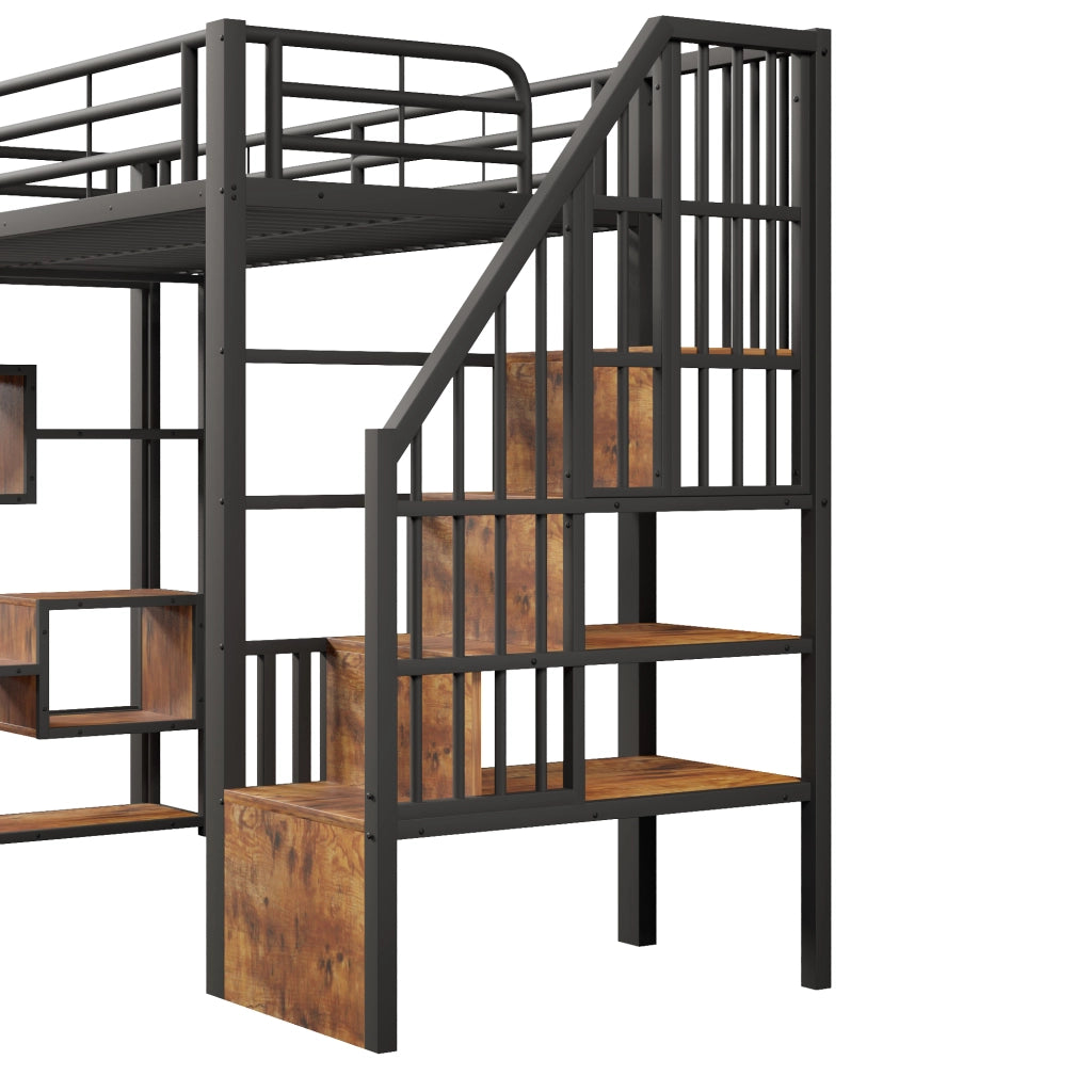 Letto a soppalco 90x200 cm con spazio libero sottostante; LED; ripiano; gradini integrati e parapetto; metallo nero