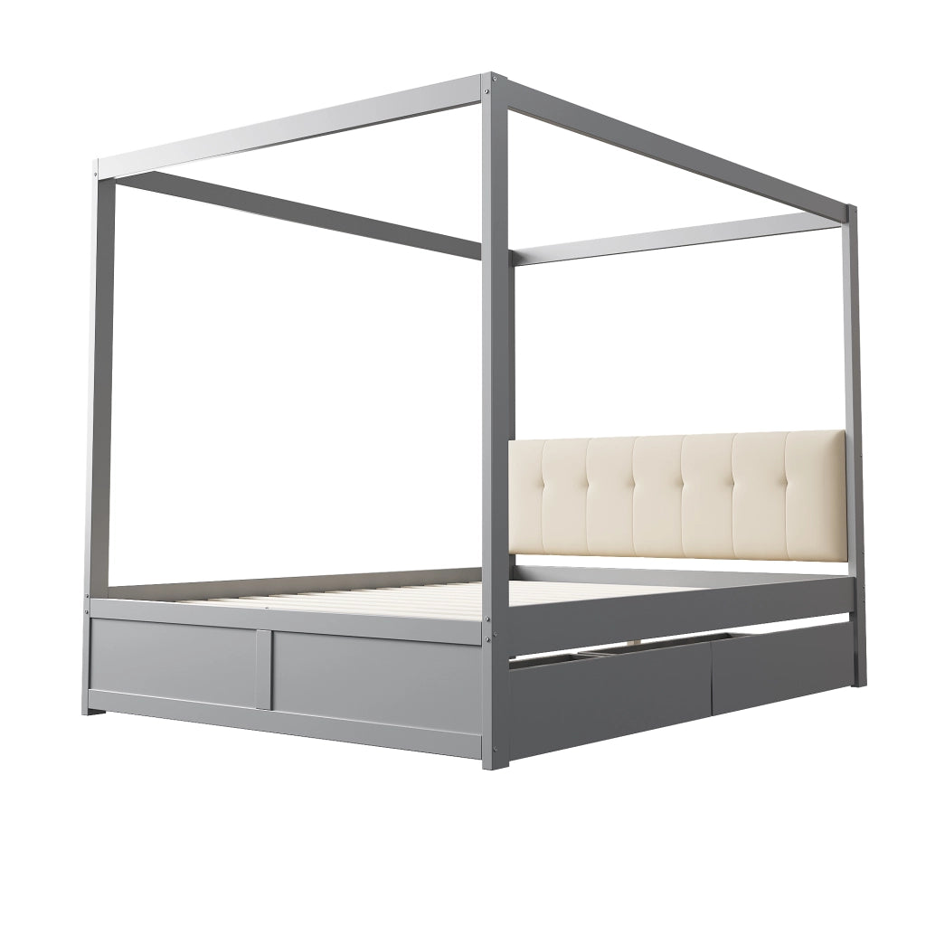 LETTO a tenda 140x200 cm con 2 cassetti e testiera imbottita grigio