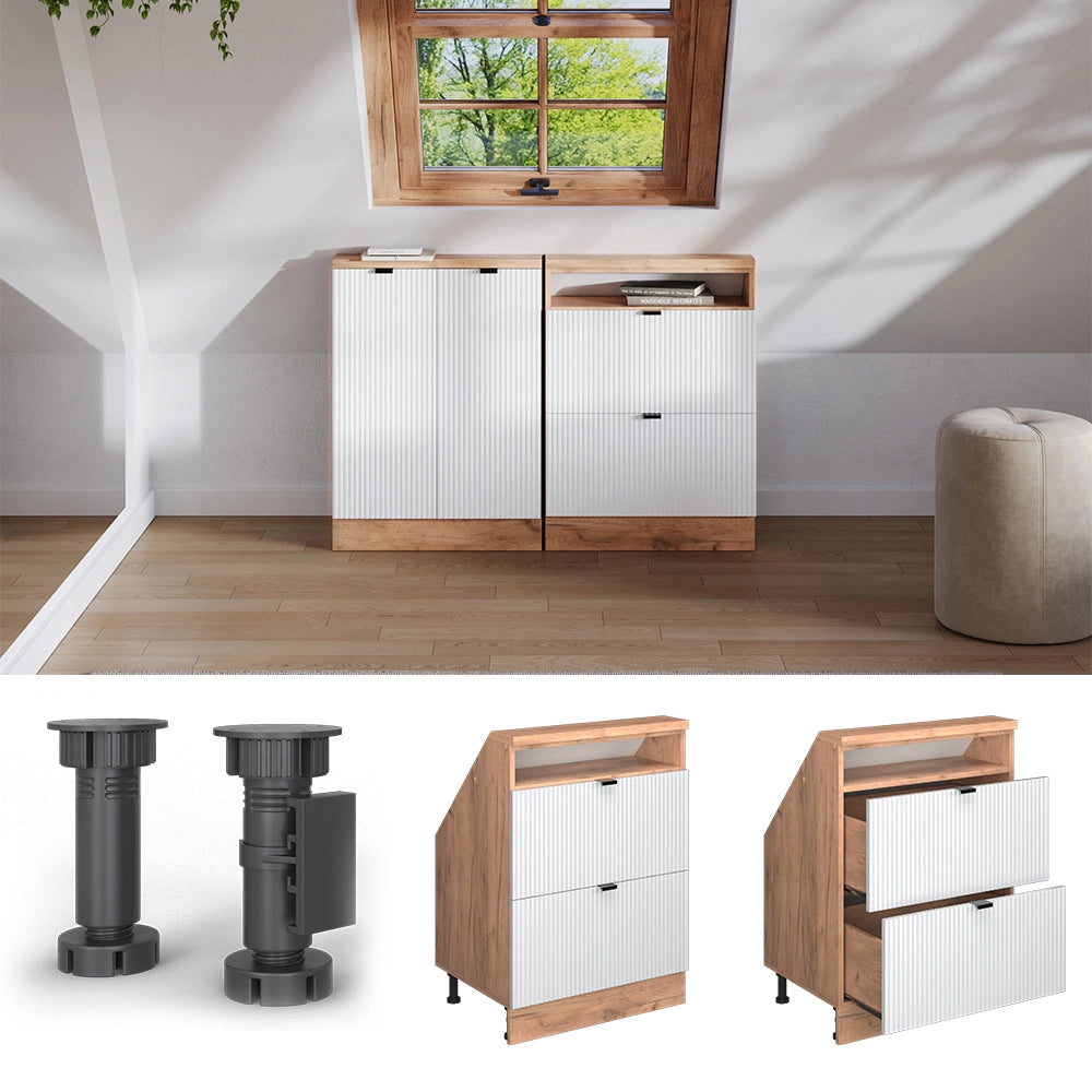 Mobile sottotetto Rion Ondulazione bianca/Rovere dorato 60 x 83.8 cm con 2 cassetti Vicco