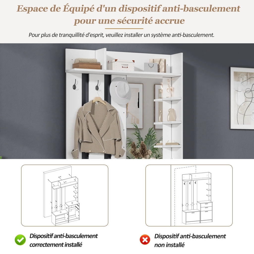 Mobile ingresso con specchio e scarpiera; appendiabiti da ingresso bianco in MDF; 110x34x185 cm