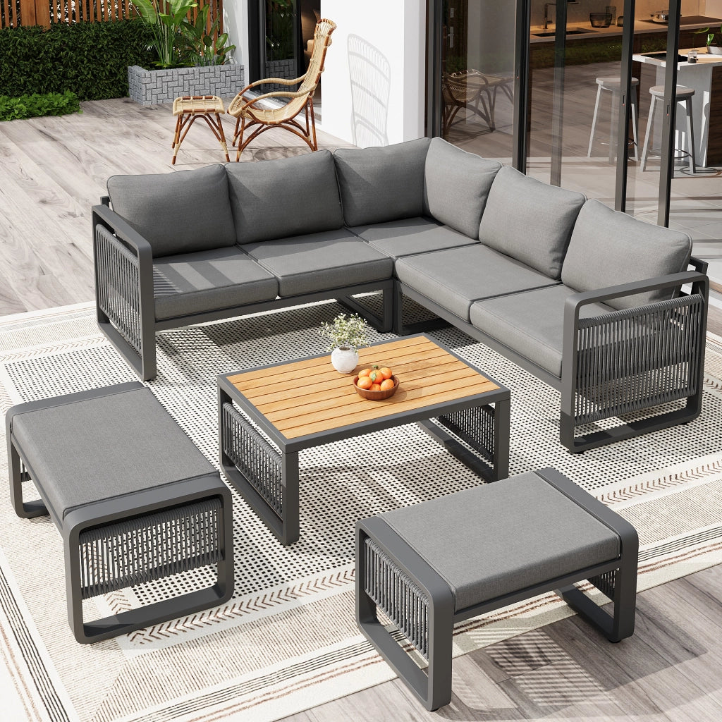 Set Divano da Giardino 6-7 Posti ¨C MINIMAL ¨C Angolare, Corda, Ferro, Cuscini, Grigio