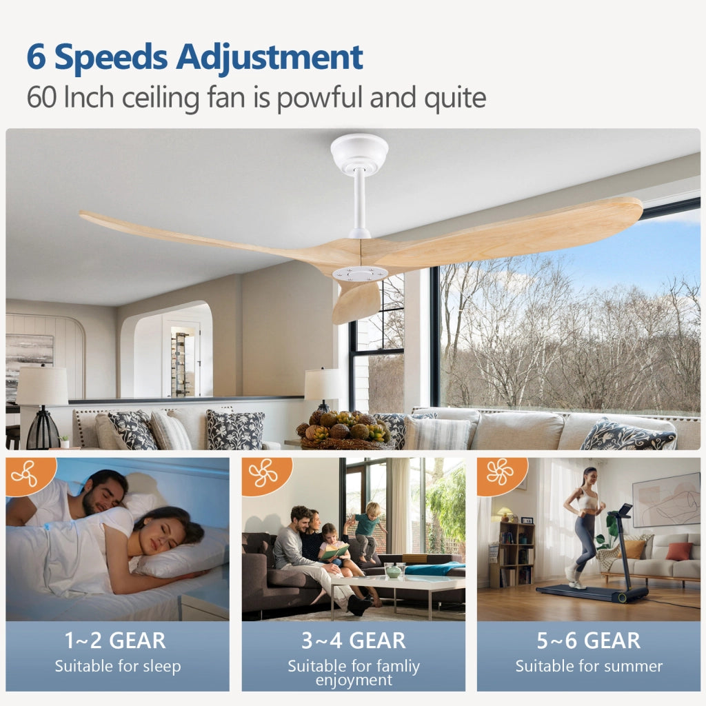 Ventilatore da soffitto 60 pollici senza luce, color legno naturale, impermeabile, extra grande, per esterni, motore DC silenzioso reversibile