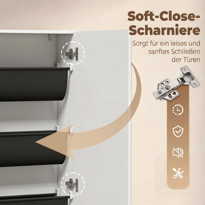 Scarpiera stretta con specchio, 5 ripiani e vano inferiore, chiusura ammortizzata per ingresso, 50 × 20 × 180 cm, bianco