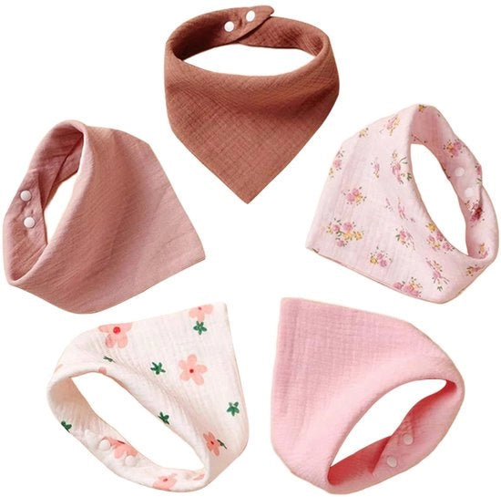 Set di 5 cuscini per neonati in mussola a forma di triangolo, sciarpe per neonati per bambini maschi e femmine, asciugamani per la testa in cotone regolabili, morbidi e assorbenti (rosa)