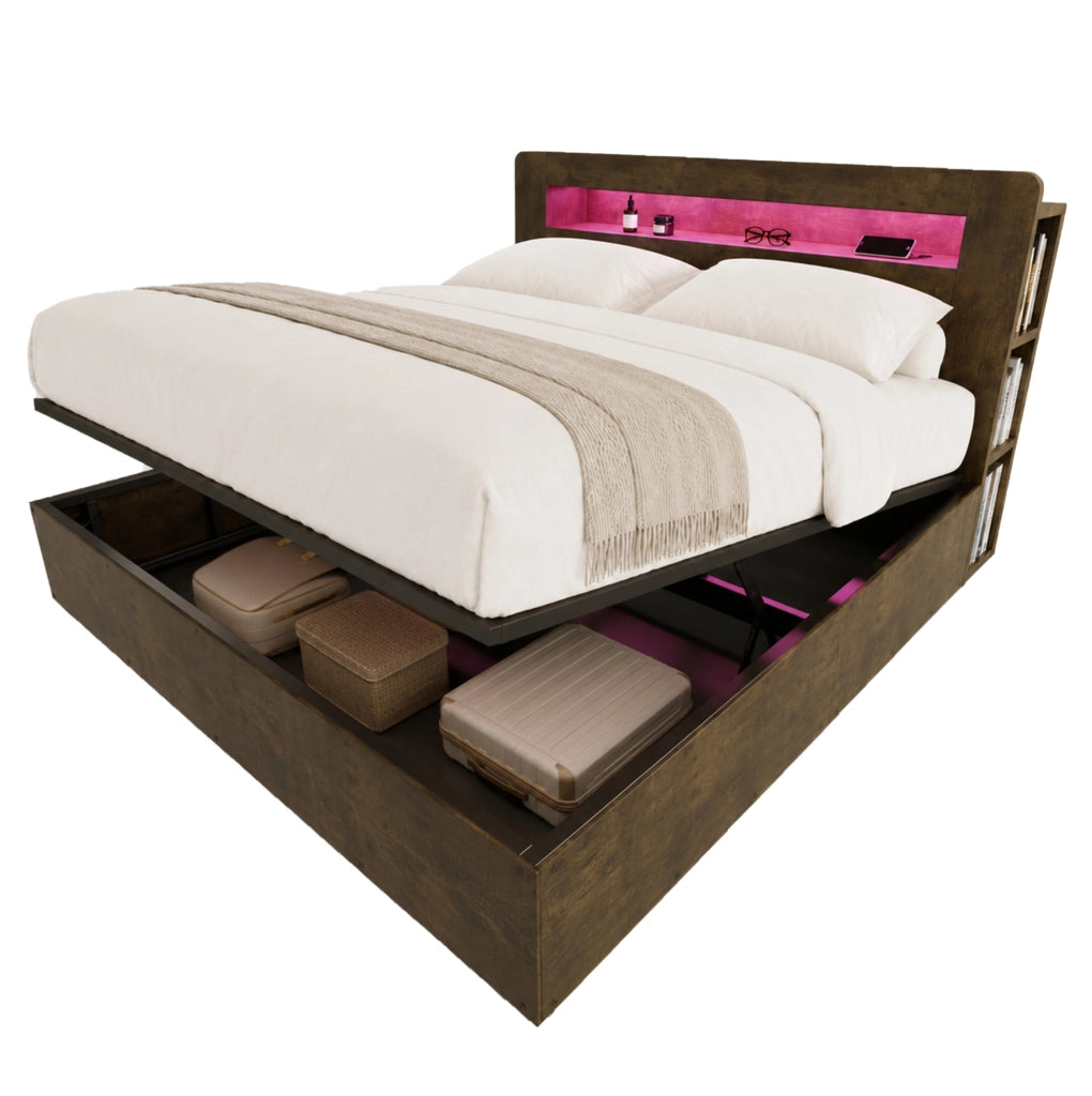 Letto matrimoniale contenitore con sollevamento idraulico; LED e prese integrate; 180x200 cm; legno vintage