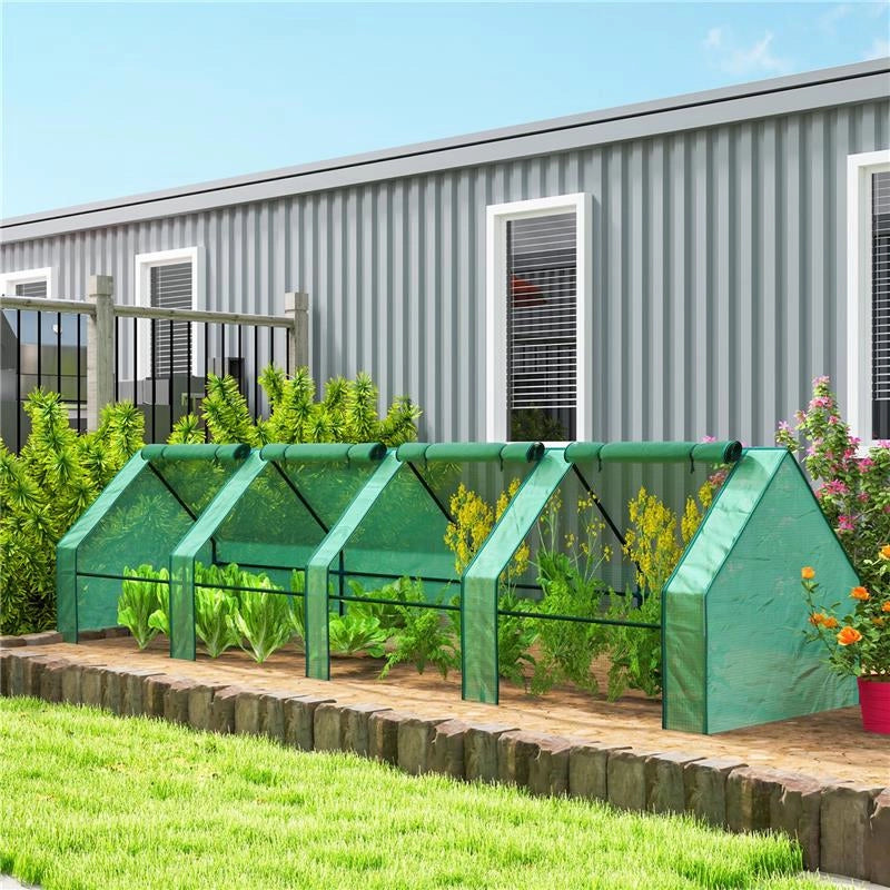 MINI SERRA DA GIARDINO A 4 PORTE ARROTOLABILI CON COPERTURA ALLUNGATA, IN ACCIAIO E PE, 360X90X90 CM, VERDE