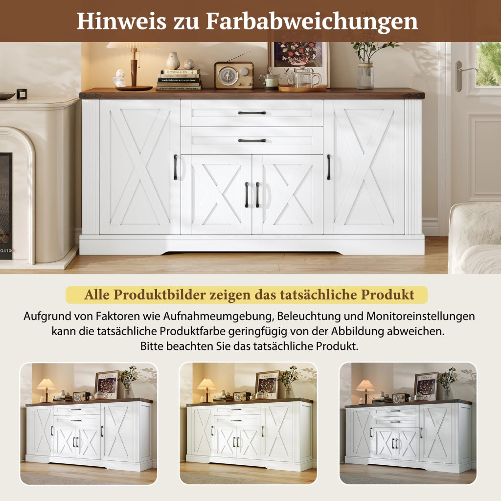 Madia con 4 ante 2 cassetti e ripiani regolabili per cucina soggiorno e ingresso bianco e noce 160 × 39 × 81,5 cm