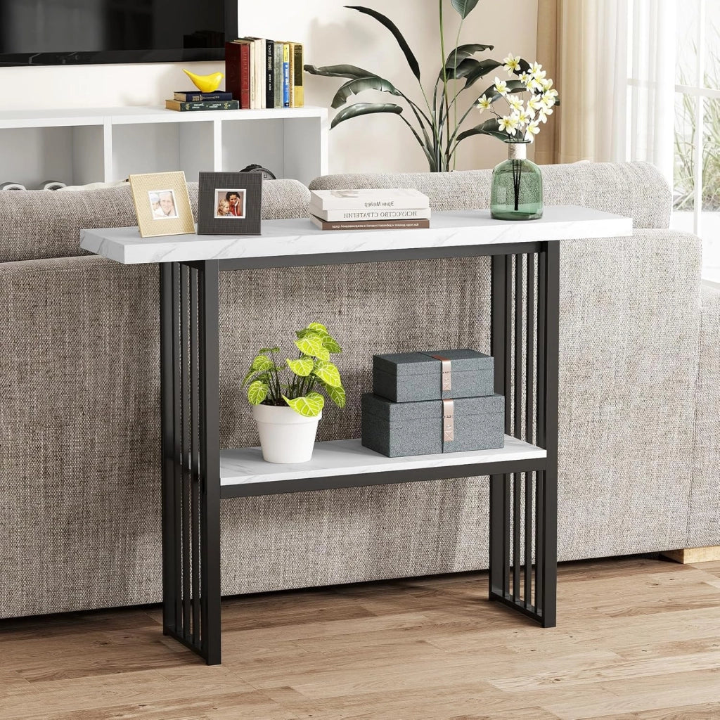 Tavolo Console da ingresso, 120 x 29,5 x 92,5 cm, piano in finto marmo e telaio in metallo, tavolino ausiliario con 2 ripiani, risparmio di spazio, tavolo da soggiorno, corridoio (bianco+nero)