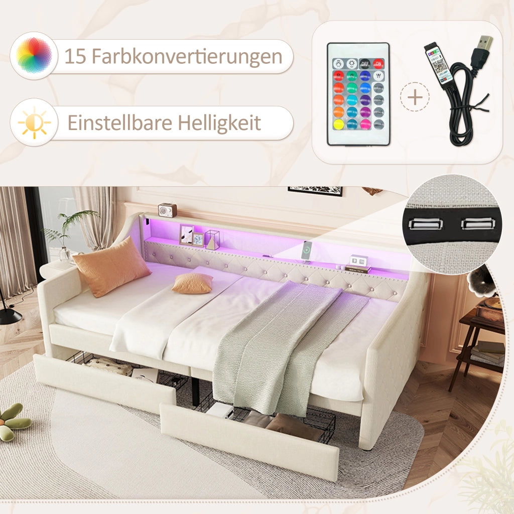 OKWISH Letto a Divanetto 90×200 cm, Letto Singolo con LED Multicolore, 2 Cassetti, USB e Telecomando, senza Materasso, in Lino, Beige