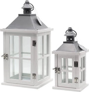 Lanterna 27cm+42cm in Legno Bianco Esterno - Finestra di Vetro Maniglia Lampada a Vento Lampada a Olio Lampioncino