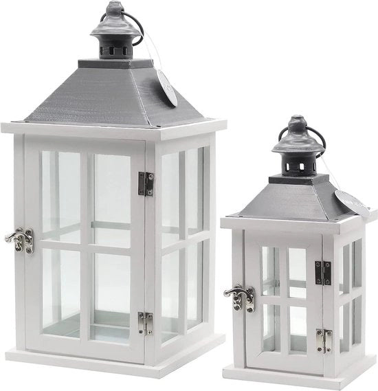 Lanterna 27cm+42cm in Legno Bianco Esterno - Finestra di Vetro Maniglia Lampada a Vento Lampada a Olio Lampioncino