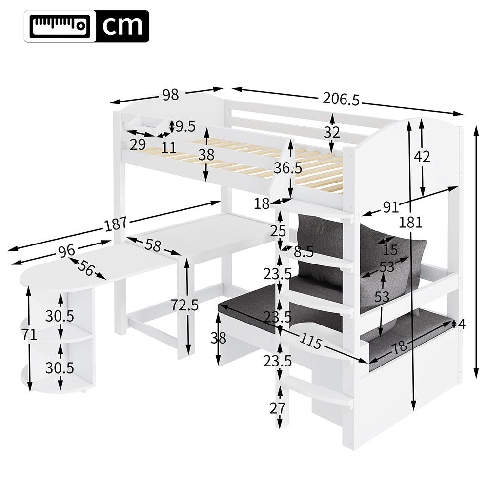 Letto a soppalco 90x200 cm - Xylo - Scala, tavolo estensibile, divano, tre cuscini, scaffali di stoccaggio, bianco