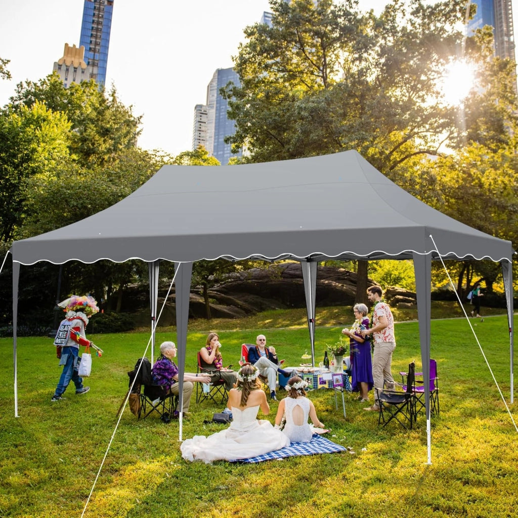 Gazebo 3x6 Pieghevole Impermeabile, altezza 290–300–310 cm, Protezione UV 50+, Tenda con 4 Pareti Laterali, 12 Ganci, 6 Corde e 6 Sacchi di Sabbia, Gazebo da Giardino per Campeggio, Matrimoni, Grigio