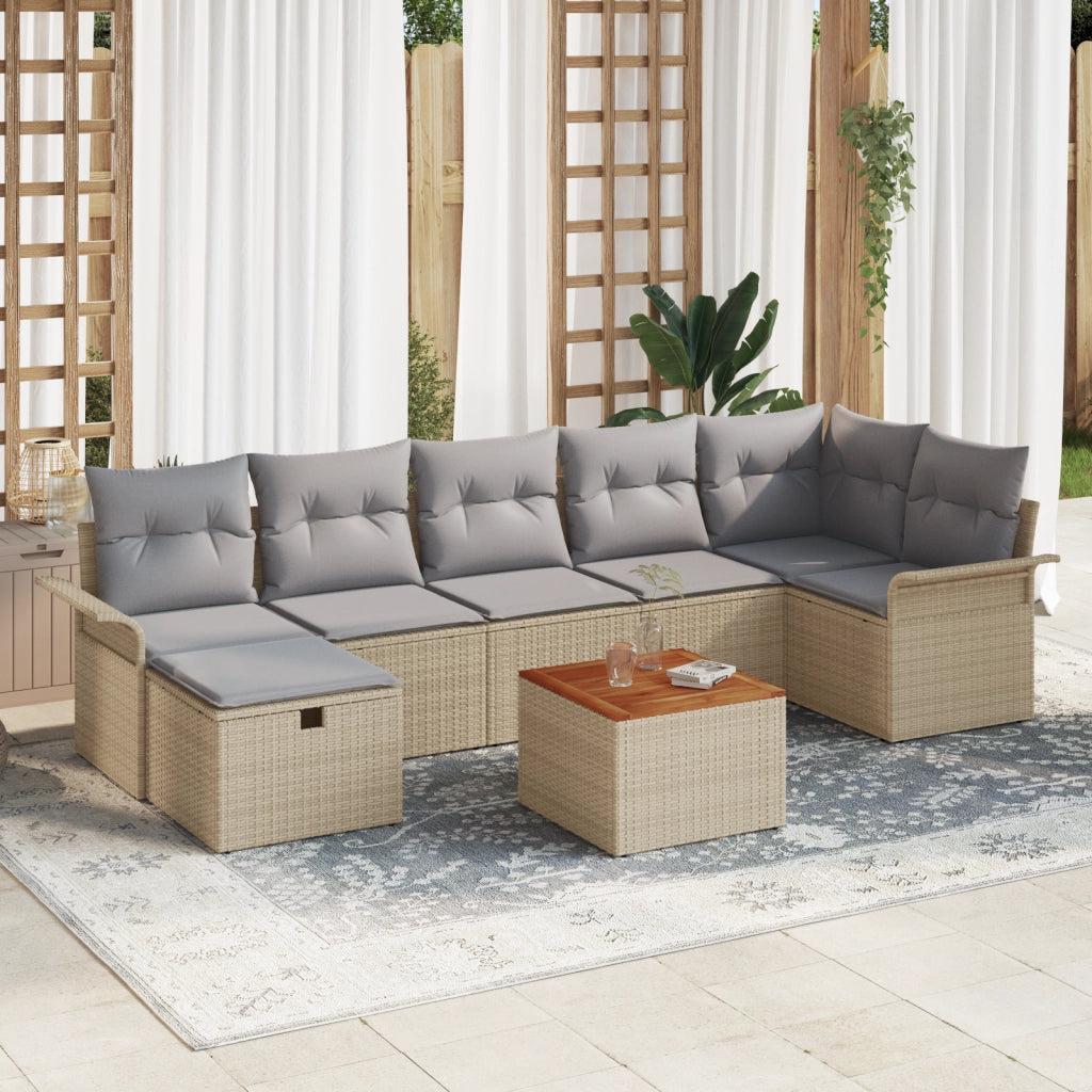 Set Divano da Giardino a 8 Pezzi con Cuscini Beige in Rattan Plastificato