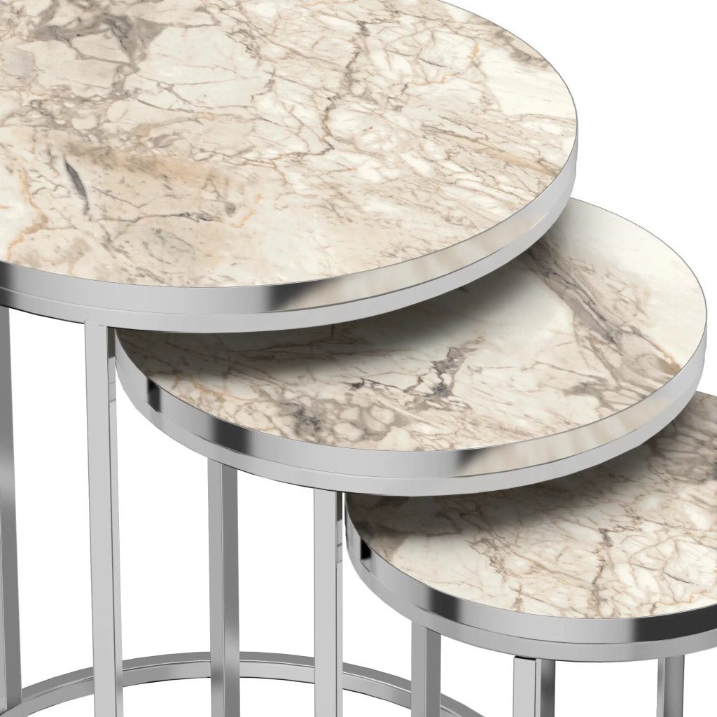 Set di 3 tavolini rotondi impilabili in marmo bianco e argento 03_0008377