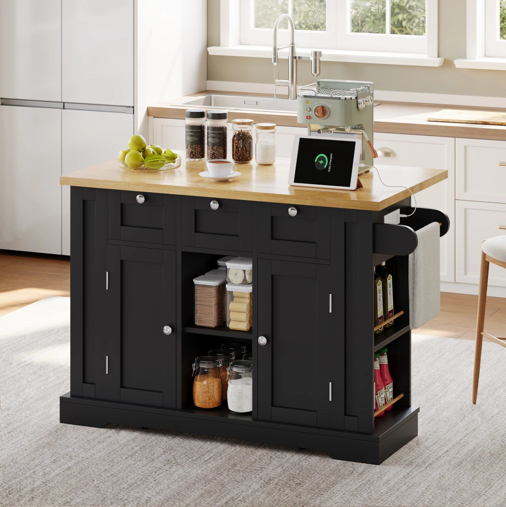 Isola cucina mobile con piano estensibile, prese USB e ruote