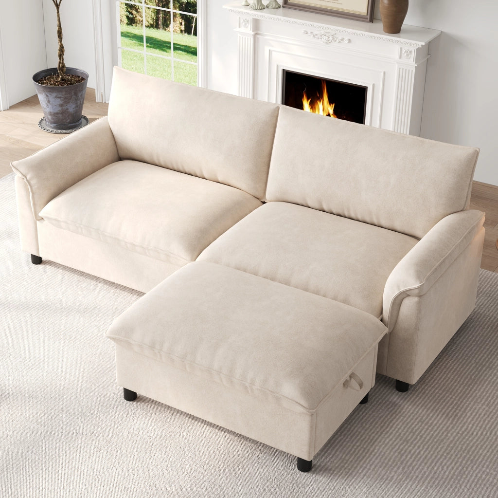 Divano modulare con pouf mobile e contenitore, seduta profonda in ciniglia beige, schienale alto 216 × 77 × 82 cm