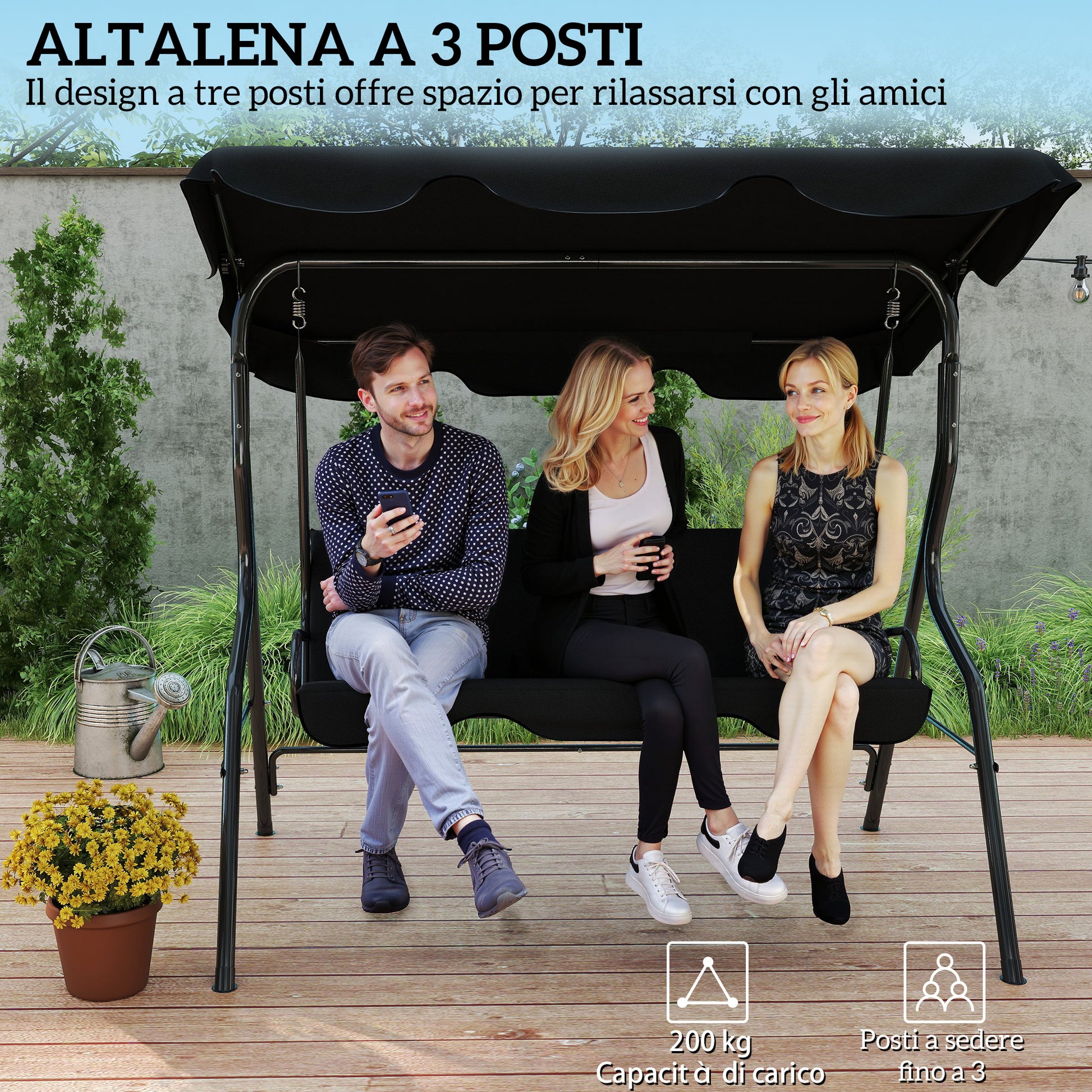 Dondolo 3 Posti 170x110x153 cm con Tettuccio Regolabile e Cuscini in Acciaio e Poliestere Nero