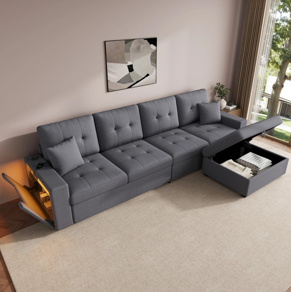 Divano 4 posti con pouf contenitore; USB e Type-C; LED; grigio antico