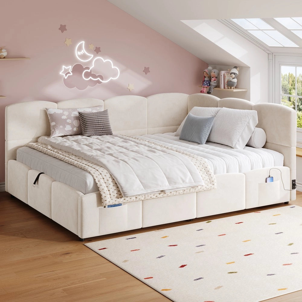 Letto Imbottito Contenitore Singolo 140x200 ¨C Xylo ¨C Velluto Beige con Rete a Doghe